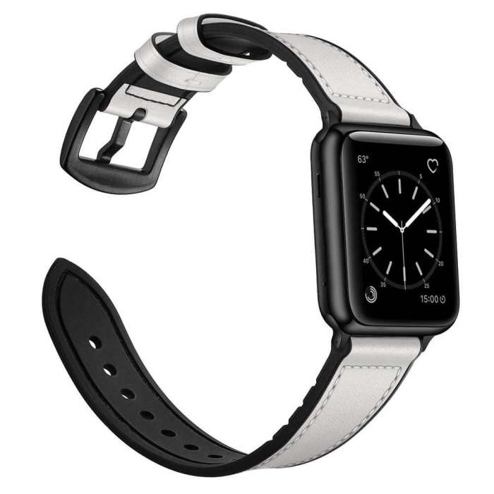 Curea pentru Apple Watch, eleganta, din silicon si piele alba, compatibila cu iWatch seria 3 42mm, seria 4 44mm, seria 5 44mm, seria SE 44mm, seria 6 44mm sau seria 7 45mm [4]