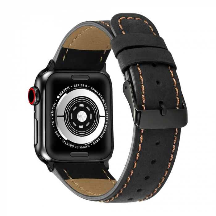 Curea pentru Apple Watch, eleganta, din piele neagra, compatibila cu iWatch seria 3 42mm, seria 4 44mm, seria 5 44mm, seria SE 44mm, seria 6 44mm sau seria 7 45mm [3]