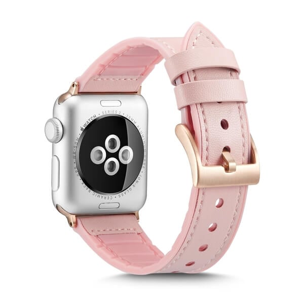 Curea pentru Apple Watch, eleganta, din silicon si piele roz, compatibila cu iWatch seria 3 42mm, seria 4 44mm, seria 5 44mm, seria SE 44mm, seria 6 44mm sau seria 7 45mm [5]