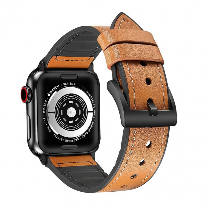 Curea pentru Apple Watch, eleganta, din silicon si piele maro deschis, compatibila cu iWatch seria 3 42mm, seria 4 44mm, seria 5 44mm, seria SE 44mm, seria 6 44mm sau seria 7 45mm [2]