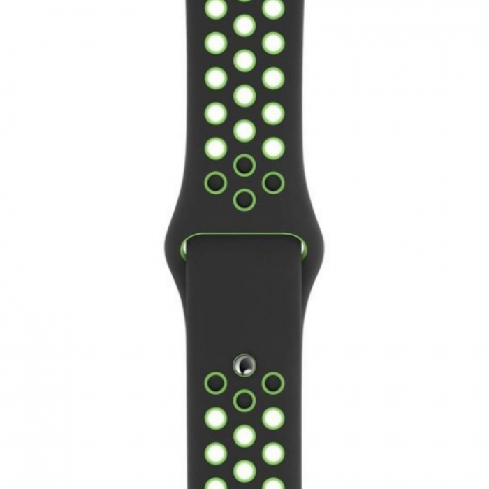 Curea sport pentru Apple Watch, din silicon negru-neon cu perforatii, compatibila cu iWatch seria 3 42mm, seria 4 44mm, seria 5 44mm, seria SE 44mm, seria 6 44mm sau seria 7 45mm [1]