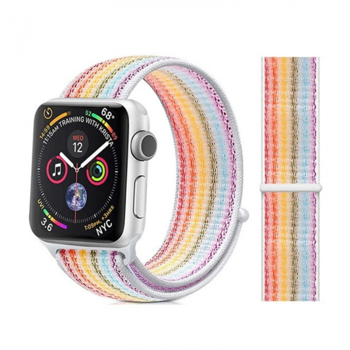 Curea pentru Apple Watch, sport loop, multicolora (curcubeu), din nylon(material textil), compatibila cu iWatch seria 3 42mm, seria 4 44mm, seria 5 44mm, seria SE 44mm, seria 6 44mm sau seria 7 45mm [5]