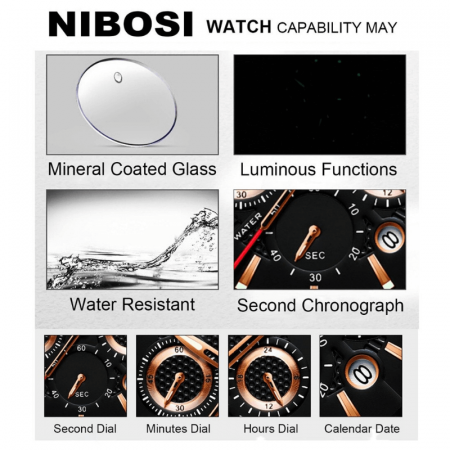 Ceas de mana barbatesc Nibosi 2313 cu un corp auriu rose din otel inoxidabil, cadran negru, curea metalica de calitate superioara realizata de asemenea tot din otel inoxidabil [5]