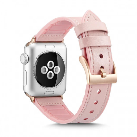 Curea pentru Apple Watch, eleganta, din silicon si piele roz, compatibila cu iWatch seria 3 42mm, seria 4 44mm, seria 5 44mm, seria SE 44mm, seria 6 44mm sau seria 7 45mm [4]