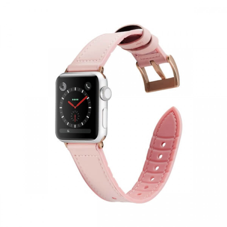 Curea pentru Apple Watch, eleganta, din silicon si piele roz, compatibila cu iWatch seria 3 42mm, seria 4 44mm, seria 5 44mm, seria SE 44mm, seria 6 44mm sau seria 7 45mm [2]