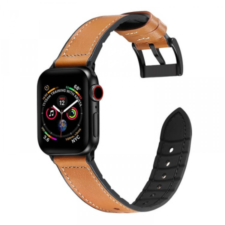 Curea pentru Apple Watch, eleganta, din silicon si piele maro deschis, compatibila cu iWatch seria 3 42mm, seria 4 44mm, seria 5 44mm, seria SE 44mm, seria 6 44mm sau seria 7 45mm [2]