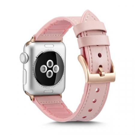 Curea pentru Apple Watch, eleganta, din silicon si piele roz, compatibila cu iWatch seria 3 38mm, seria 4 40mm, seria 5 40mm, seria SE 40mm, seria 6 40mm sau seria 7 41mm [4]