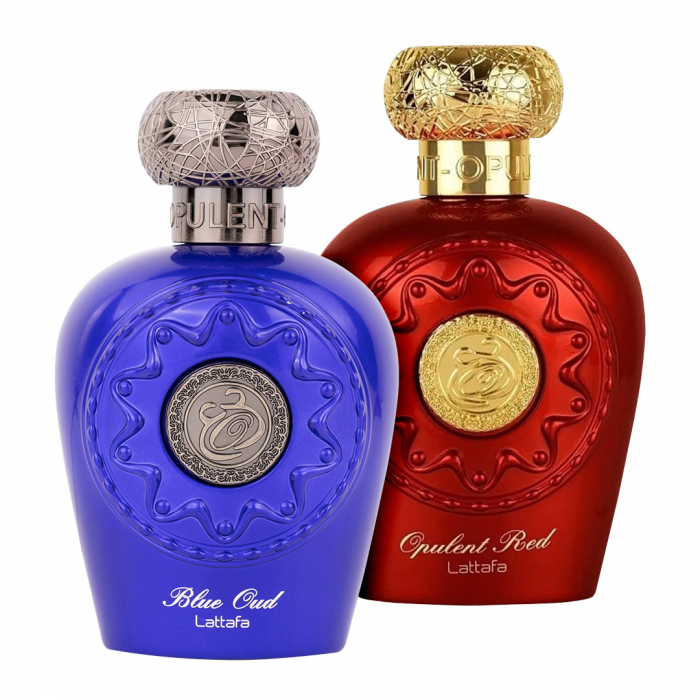 Pachet 2 parfumuri Best Seller, Blue Oud 100 ml pentru el si Opulent Red 100 ml pentru ea