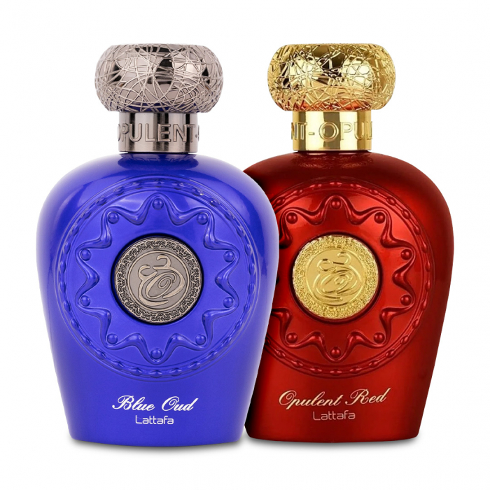 Pachet 2 parfumuri Best Seller, Blue Oud 100 ml pentru el si Opulent Red 100 ml pentru ea