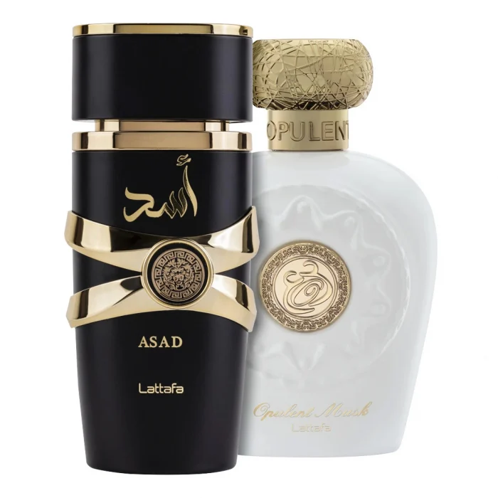 Pachet 2 parfumuri Lattafa, Asad 100 ml pentru el si Opulent Musk 100 ml pentru ea