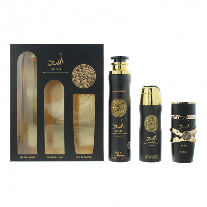 Set Cadou Asad, Lattafa,  apa de parfum 100 ml + deo spray 200 ml + odorizant camera 300 ml, barbati