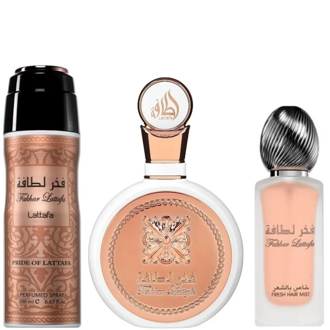 Set Cadou Fakhar Woman, Lattafa, apa de parfum 100 ml + parfum pentru par 50 ml + deo spray 200 ml, femei [2]