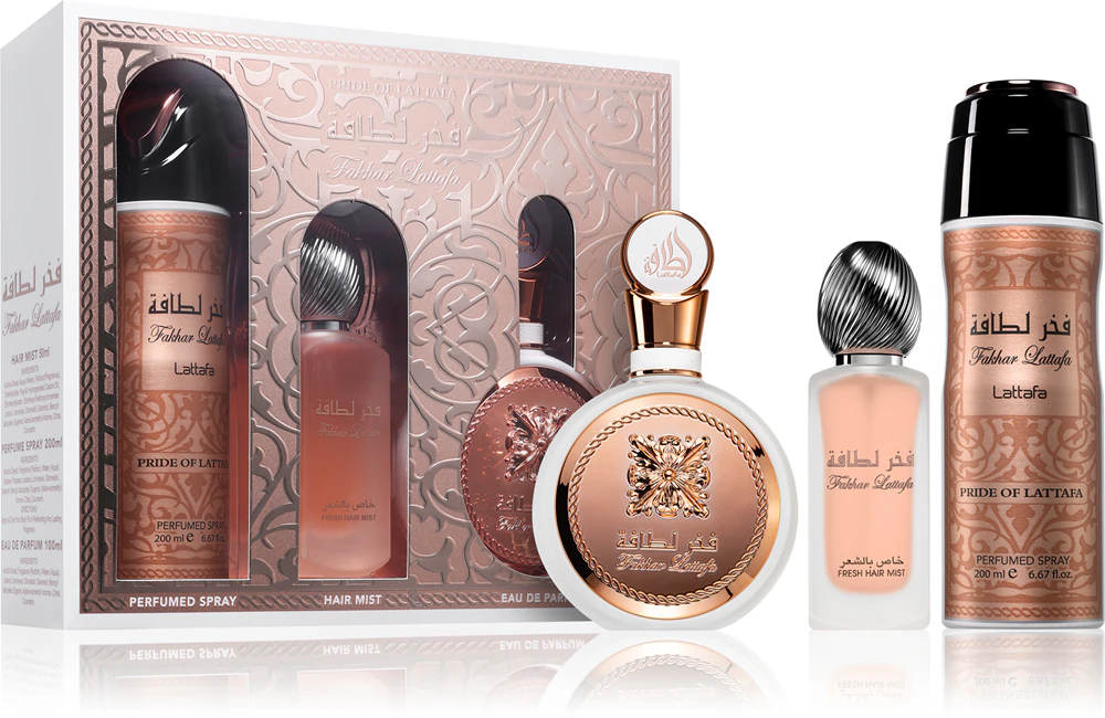 Set Cadou Fakhar Woman, Lattafa, apa de parfum 100 ml + parfum pentru par 50 ml + deo spray 200 ml, femei