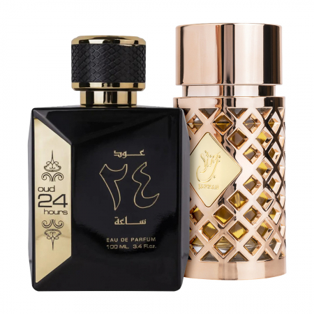 Parfumuri bărbați - Pachet 2 parfumuri best seller, Oud 24 Hours 100 ml pentru el si Jazzab Gold 100 ml pentru ea