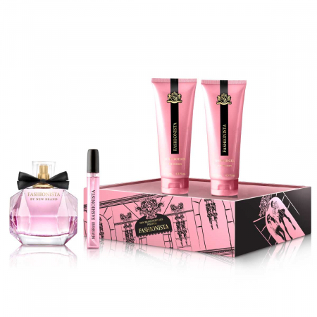 New Brand Perfumes - Set Fashionista (colectia Prestige), apa de parfum 100 ml + apa de parfum 15 ml + gel de dus 130 ml + lotiune de corp 130 ml, femei