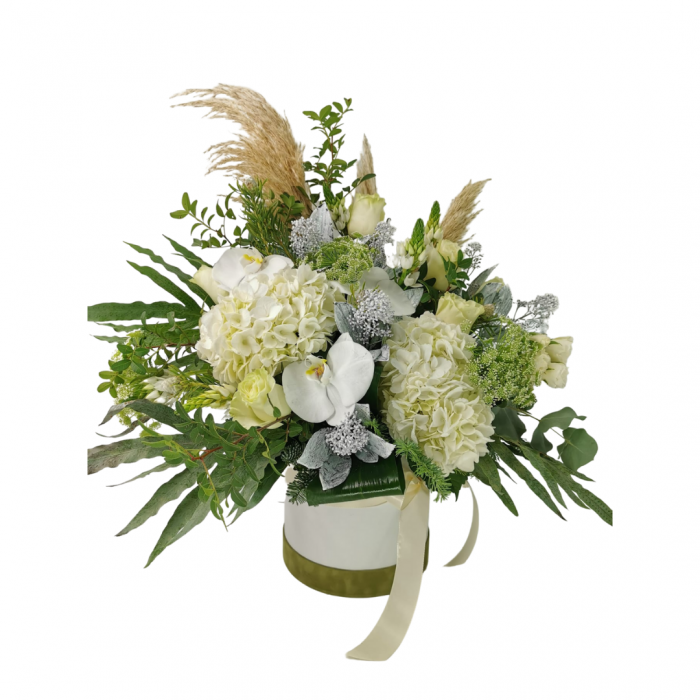 Aranjament floral Olla in cutie cu flori albe [1]
