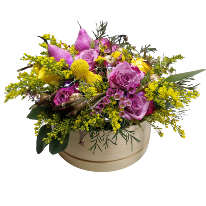 Aranjament floral Olla in cutie cu flori galbene si roz [1]