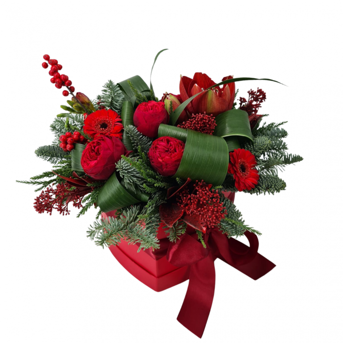 Aranjament floral Olla in cutie inima cu flori rosii [2]