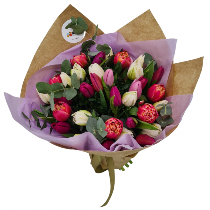 Buchet din flori de primavara Olla cu 31 Lalele si eucalipt [2]