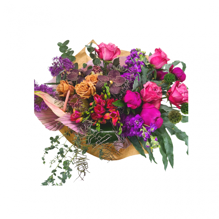 Buchet de flori de primavara Olla cu Frezii si Bujori in culori tari [3]