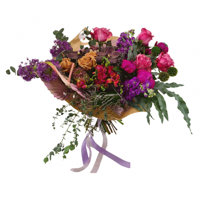 Buchet de flori de primavara Olla cu Frezii si Bujori in culori tari [2]