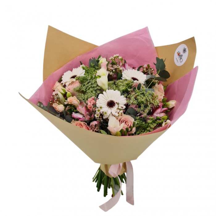 Buchet de flori de primavara Olla cu Frezii si Trandafiri [2]