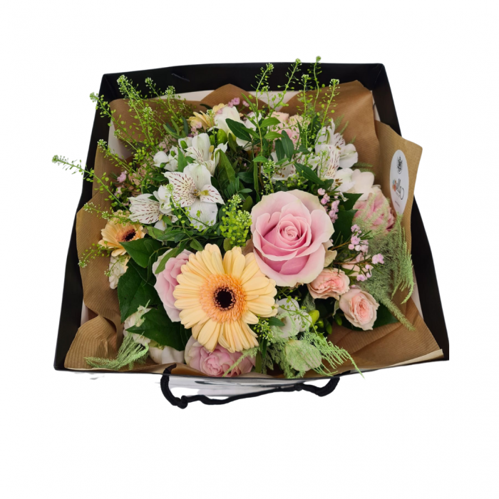 Buchet de flori Olla cu Frezii si Trandafiri in culori pastel [3]