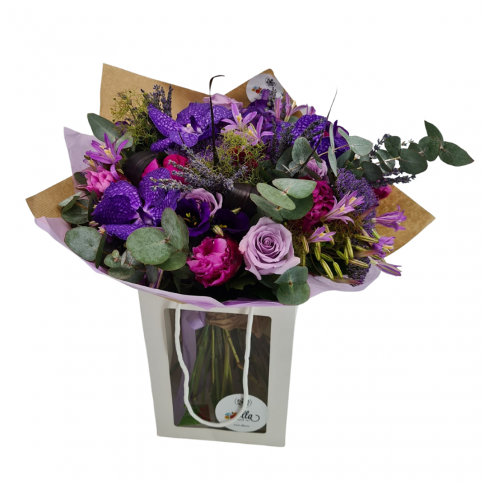 Buchet de flori Olla cu Orhidee Vanda mov si Bujori fucsia [2]