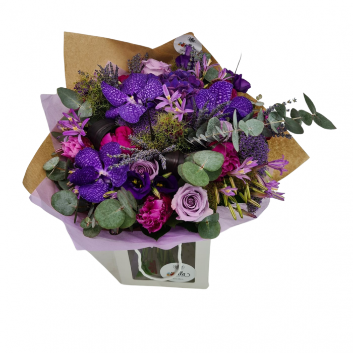 Buchet de flori Olla cu Orhidee Vanda mov si Bujori fucsia [3]