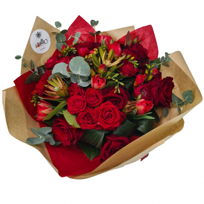 Buchet de flori Olla din Trandafiri rosii premium si frezii [2]