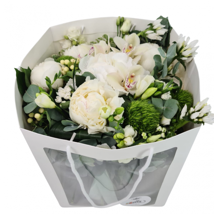 Buchet de flori Olla din Hortensia si Orhidee alba cu Bujori albi [2]