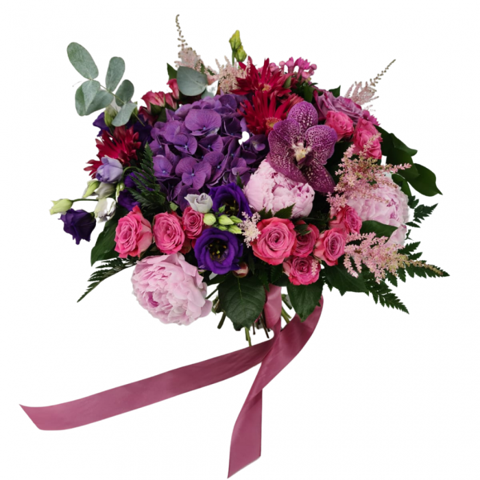Buchet de flori Olla din Hortensia si Orhidee mov cu Bujori roz [1]