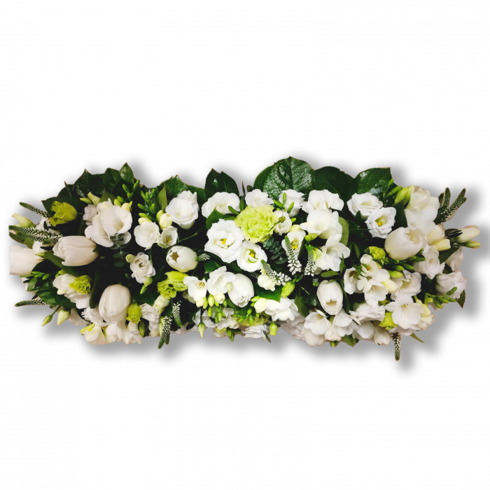 Jerba funerara olla cu lalele albe, frezii albe si eustoma verde [1]