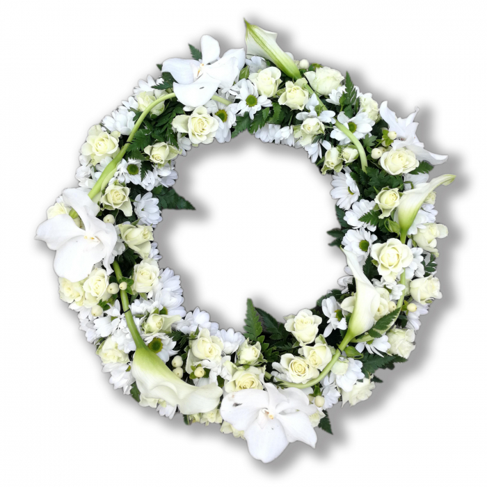 Coroana funerara olla in forma de cerc cu trandafiri albi mini cale si orhidee vanda alba [1]