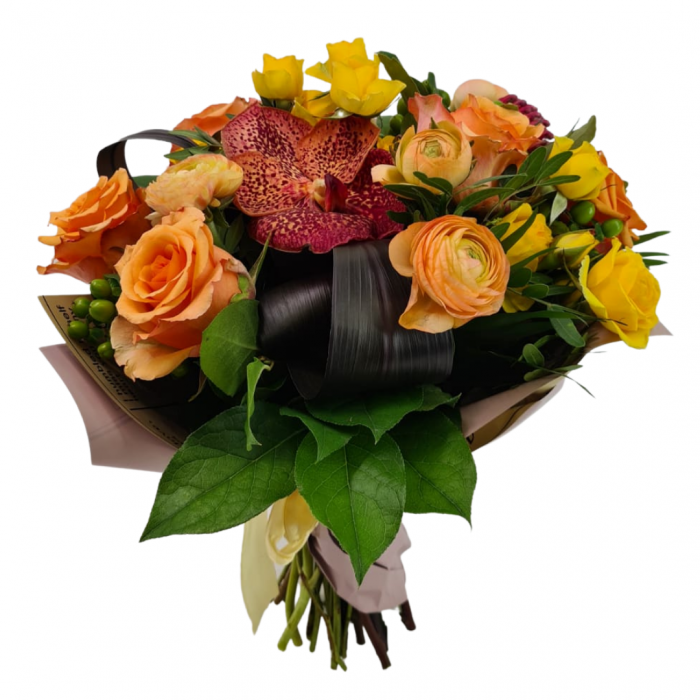 buchet-de-flori-olla-din-trandafiri-portocalii-si-orhidee-vanda [3]