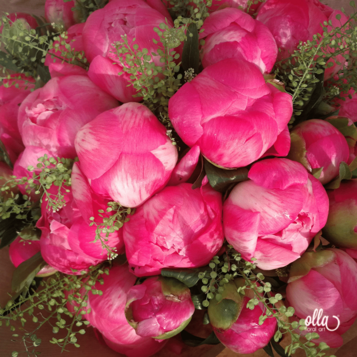Fericire cat Cuprinde, buchet de flori Olla, din Bujori Corai Coral Charm 31 fire si verdeata [6]