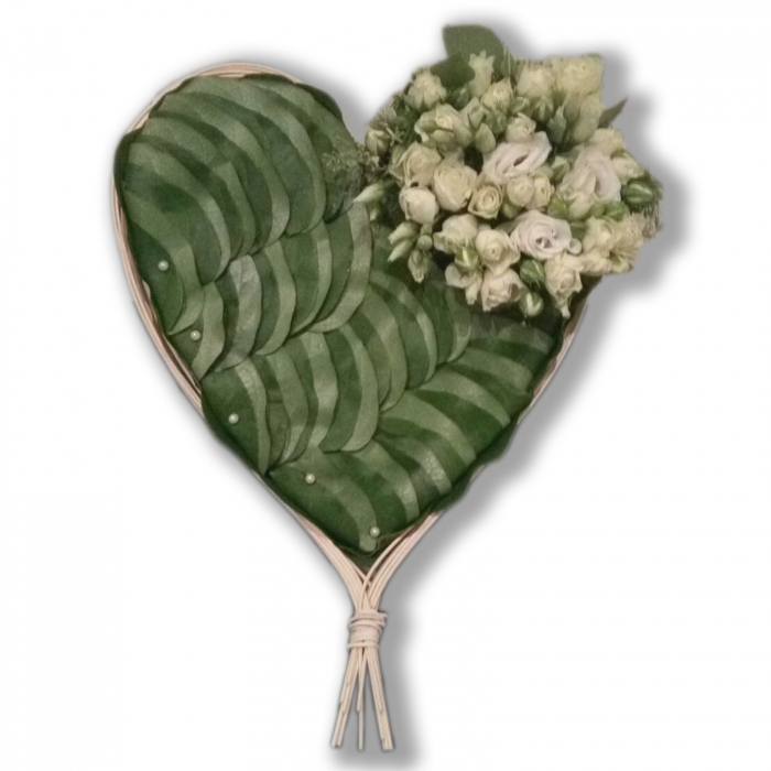 Jerba funerara olla in forma de inima, cu stativ, cu mini trandafiri albi si eustoma alba [1]
