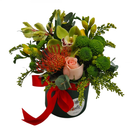 B2B - aranjament-floral-corporate-olla-pentru-mese-de-cocktail-in-cutie-de-catifea