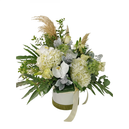 Iarna - Aranjament floral Olla in cutie cu flori albe