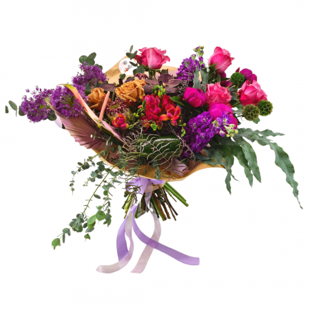Buchete Bujori - Buchet de flori de primavara Olla cu Frezii si Bujori in culori tari