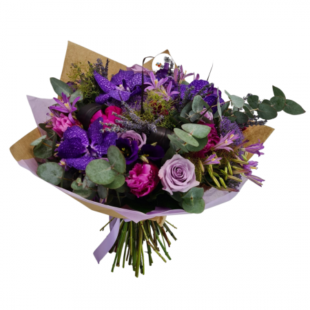 Sfantul Ioan - Buchet de flori Olla cu Orhidee Vanda mov si Bujori fucsia