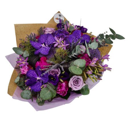 Buchet de flori Olla cu Orhidee Vanda mov si Bujori fucsia [3]