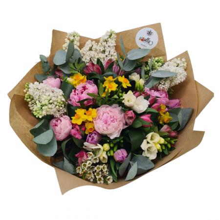 Sfantul Ioan - Buchet de flori de primavara Olla cu Bujori si Liliac in culori pastel