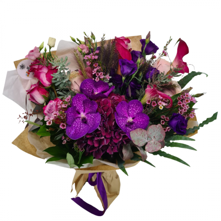 Toamna - Buchet de flori Olla cu Orhidee Vanda mov si Hortensia