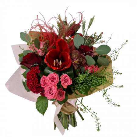 Toamna - Buchet de flori Olla din Amaryllis rosu si Orhidee vanda