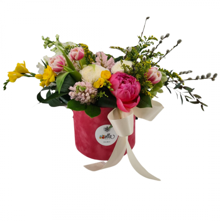 Buchete de Flori si Aranjamente florale - Cutie de catifea Olla cu Zambile, Frezii si Lalele B2B