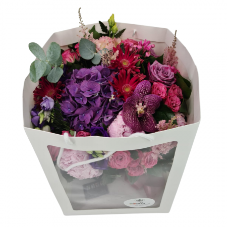 Buchet de flori Olla din Hortensia si Orhidee mov cu Bujori roz [1]