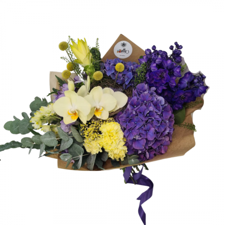Toamna - buchet-de-flori-olla-din-hortensia-mov-si-orhidee-galbena