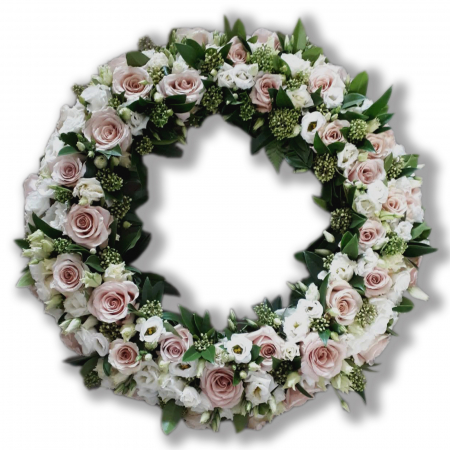 Funerare - Coroana funerara olla in forma de cerc cu trandafiri roz pal si eustoma alba