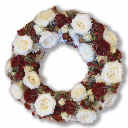 Funerare - Coroana funerara olla in forma de cerc cu trandafiri albi, crizantema rosie, hypericum rosu si mini trandafiri albi